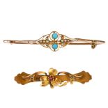 Two late 19th century 9ct gold gem-set brooches. To include a late Victorian red paste and split