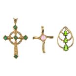 A selection of nine gem-set pendants. To include a 9ct gold emerald and diamond cross pendant, a 9ct