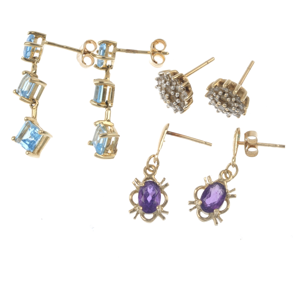 A selection of six pairs of gem-set earrings. To include a pair of 9ct gold blue topaz ear pendants, - Image 2 of 2