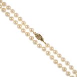 A cultured pearl single-strand necklace. Comprising a single strand of cultured pearls, measuring