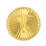 (143052) A coin. With raised lettering, Tanishq, 9.999 pure gold, 10g, and textured reverse.