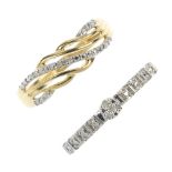 Two 9ct gold diamond dress rings. To include a single-cut diamond curved line ring and a single-