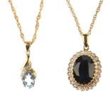 Two gem-set pendants. To include a 9ct gold oval-shape sapphire and single-cut diamond cluster