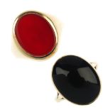 Two 9ct gold hardstone rings. To include an oval-shape carnelian signet ring, together with an