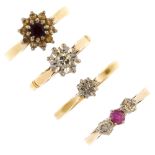 A selection of four gold gem-set rings. To include two 18ct gold brilliant-cut diamond single-