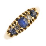 An early 20th century 18ct gold sapphire and diamond five-stone ring. The oval-shape sapphires, with