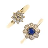 Two 18ct gold gem-set cluster rings. To include a circular-shape sapphire and single-cut diamond