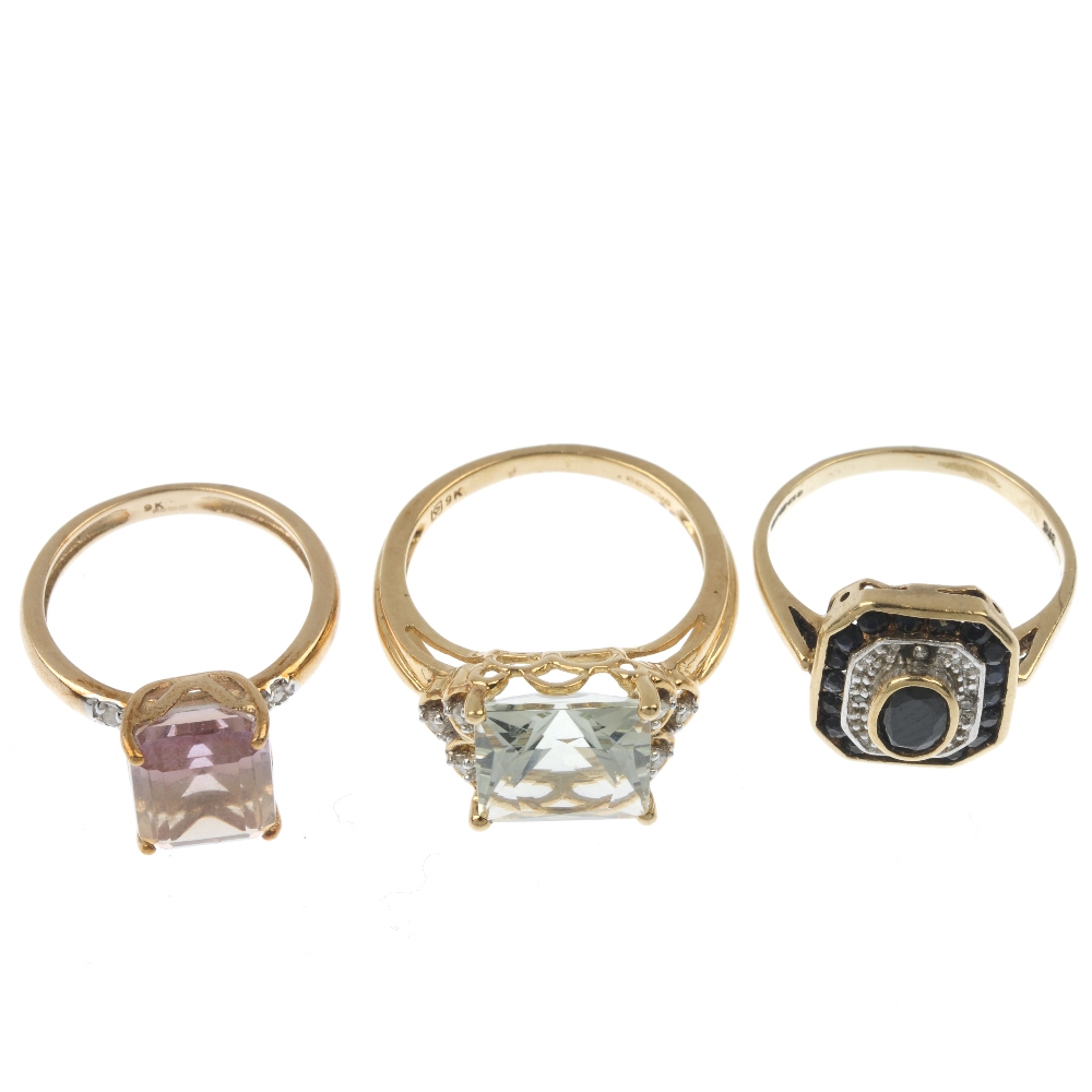 A selection of three 9ct gold diamond and gem-set rings. To include a green quartz and diamond ring, - Image 2 of 2