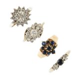 A selection of four 9ct gold gem-set rings. To include a diamond cluster ring, a sapphire cluster