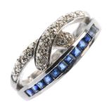 A sapphire and diamond dress ring. The brilliant-cut diamond cross and square-shape sapphire line,