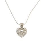 A diamond heart pendant. The pave-set diamond heart, suspended from a similarly-set diamond surmount