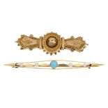 Two bar brooches. To include a late 19th century 9ct gold bar brooch with engraved scroll and bead