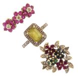 A selection of three 9ct gold gem-set rings. To include a peridot and single-cut diamond cluster