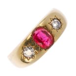 A diamond and garnet-top-doublet three-stone ring. The oval-shape garnet-top-doublet, with old-cut