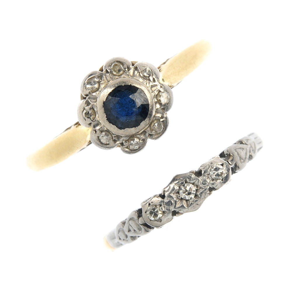 Two mid 20th century 18ct gold diamond rings. To include a circular-shape sapphire and single-cut