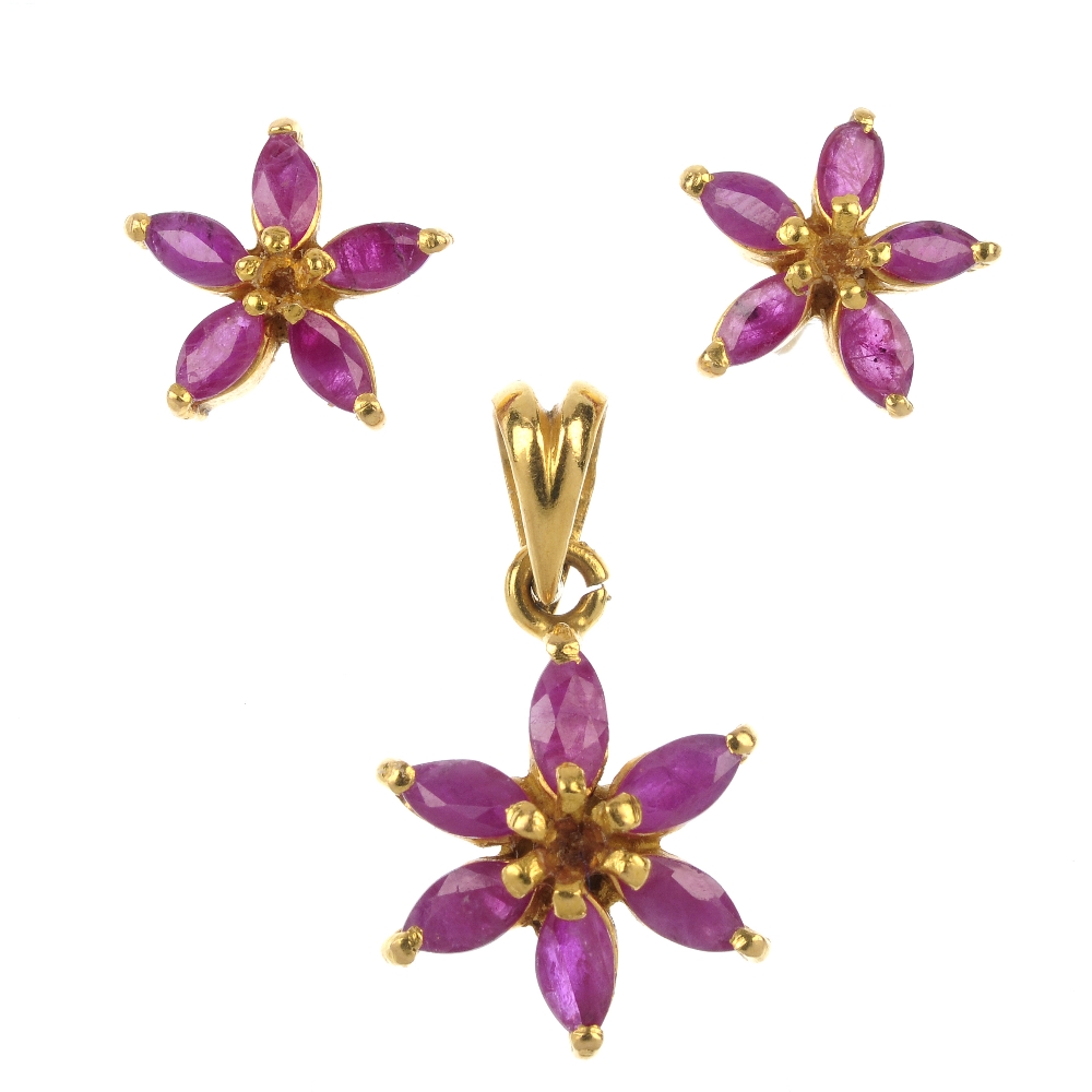 A set of ruby jewellery. To include a marquise-shape ruby flower cluster pendant, together with