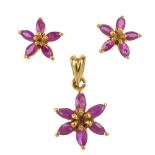 A set of ruby jewellery. To include a marquise-shape ruby flower cluster pendant, together with
