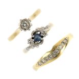 A selection of three 18ct gold diamond and gem-set rings. To include a sapphire and diamond three-