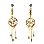 A pair of gem-set and enamel dream catcher ear pendants. Each designed as a brilliant-cut diamond