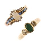 Two diamond and gem-set rings. To include a 9ct gold emerald single-stone ring with diamond accent