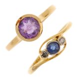 Two 18ct gold gem-set rings. To include an early 20th century sapphire and diamond three-stone