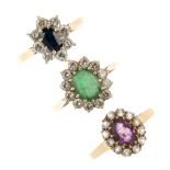 A selection of four 9ct gold gem-set rings. To include an emerald and colourless-gem cluster ring, a