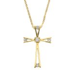 An 18ct gold diamond cross pendant. The cross with bifurcated arms and brilliant-cut diamond