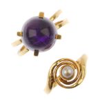 An amethyst single-stone ring and a split pearl ring. The first set with a circular amethyst