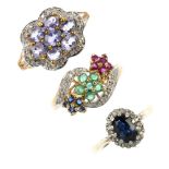 A selection of three 9ct gold diamond and gem-set rings. To include a diamond sapphire, ruby and