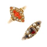 Two gold gem-set rings. To include a mid Victorian 18ct gold coral and split pearl ring, together