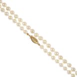 A selection of three cultured pearl necklaces. Each comprising a cultured pearl strand, to the