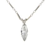 (174792) A diamond single-stone pendant. The marquise-shape diamond, with bifurcated surmount,