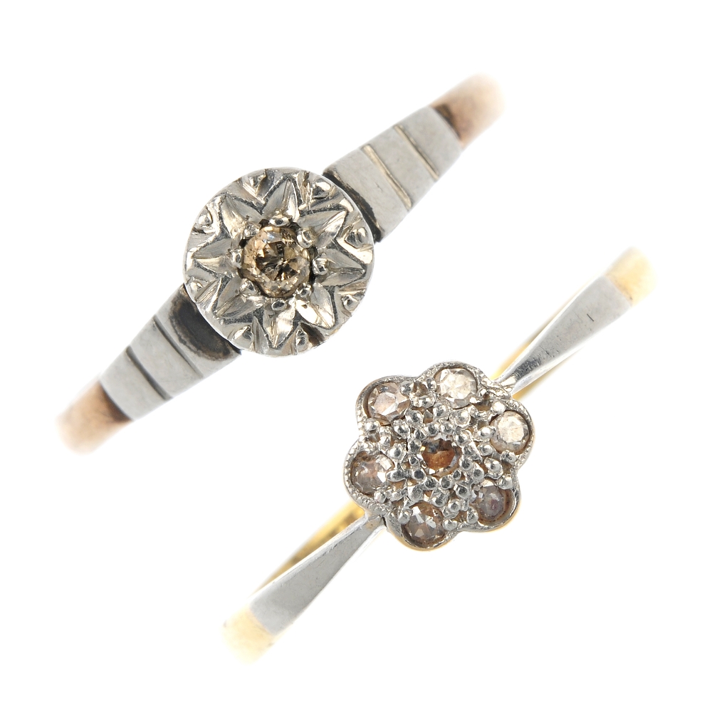 Two mid 20th century gold and platinum diamond rings. To include an 18ct gold single-cut diamond