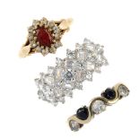 A selection of five 9ct gold cubic zirconia and gem-set dress rings. To include a rectangular and