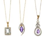 A selection of three diamond and gem-set pendants. To include a 9ct gold prasiolite and diamond