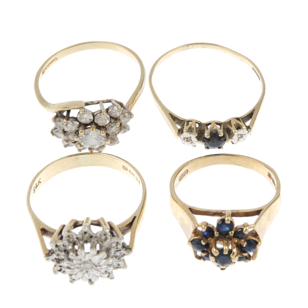 A selection of four 9ct gold gem-set rings. To include a diamond cluster ring, a sapphire cluster - Image 2 of 2