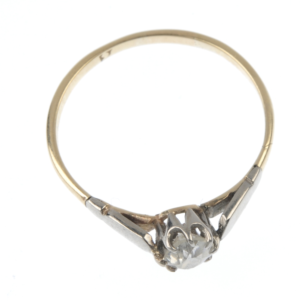 A mid 20th century 9ct gold diamond single-stone ring. The old-cut diamond, to the tapered shoulders - Image 2 of 2