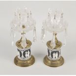 A pair of Wedgwood table lustres, each having two-tier cut glass sconces with Waterford facetted