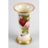 A Royal Worcester hand-painted porcelain vase. The rouleau-shaped cylindrical body with spray-gilt