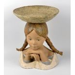 A large Lladro bust of a young girl having marbled and braided hair, chin rested on hands, with