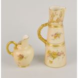 Two Royal Worcester blush ivory jugs, the first of tall tapering form, florally painted below raised