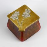 A Loetz Art Nouveau inkwell, the textured iridescent pink glass body of tapering square form, with