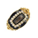 An early 19th century 18ct gold, enamel and split pearl memorial ring. The woven hair panel,