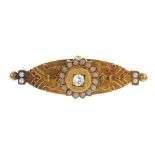 A late 19th century 15ct gold diamond, coral and split pearl brooch. Of marquise-shape outline,