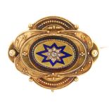 A late 19th century 20ct gold diamond and enamel memorial brooch. The rose-cut diamond cluster,