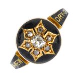 A mid Victorian 18ct gold diamond and enamel memorial ring. The old and rose-cut diamond cluster,