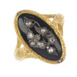 A mid 19th century gold diamond memorial ring, the oval-shape blue panel with rose-cut diamond