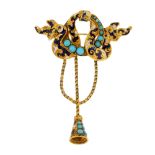 A mid 19th century 15ct gold enamel and turquoise sentimental brooch. The graduated turquoise