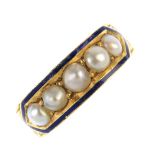 A mid Victorian split pearl memorial ring. The five split pearls to the blue enamel border to the
