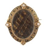 A mid Victorian gold, enamel and split pearl brooch. Of oval outline with central woven hair panel